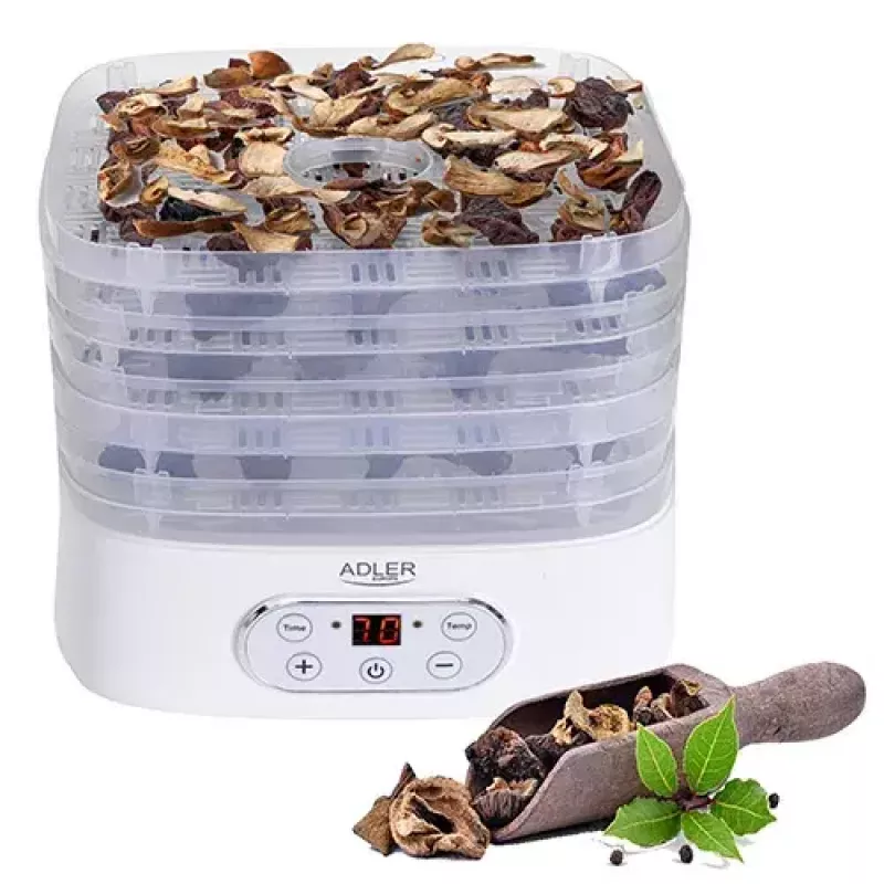 Desidratador de alimentos Adler AD 6658, 5 tabuleiros, temporizador LCD 70 h, 35–70 °C, 230 W (máx. 550 W), branco