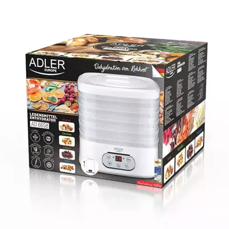 Desidratador de alimentos Adler AD 6658, 5 tabuleiros, temporizador LCD 70 h, 35–70 °C, 230 W (máx. 550 W), branco