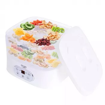 Desidratador de alimentos Adler AD 6658, 5 tabuleiros, temporizador LCD 70 h, 35–70 °C, 230 W (máx. 550 W), branco
