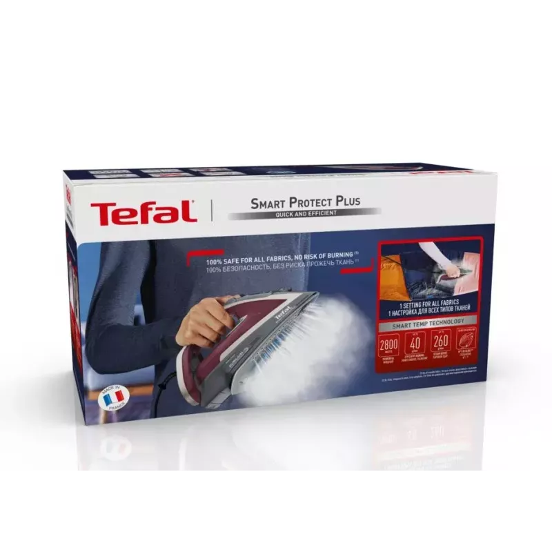 Tefal Smart Protect Plus FV6870E0 ferro a vapor, 2800 W, base Durilium AirGlide, depósito de 270 ml, vapor 40 g/min, jato de vapor 260 g/min, cabo de 2 m, vermelho/cinzento
