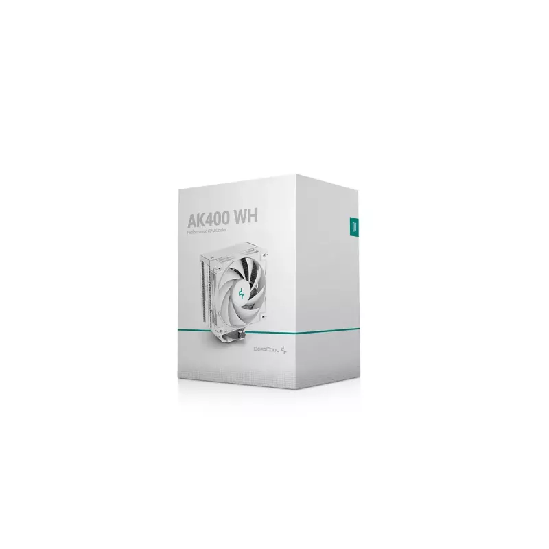 Arrefecedor de ar DeepCool AK400 WH — 4×6 mm heatpipes de cobre, ventoinha FDB de 120 mm, 1850 rpm, 66,47 CFM, compatível com LGA 1700 e sockets Intel/AMD comuns, branco