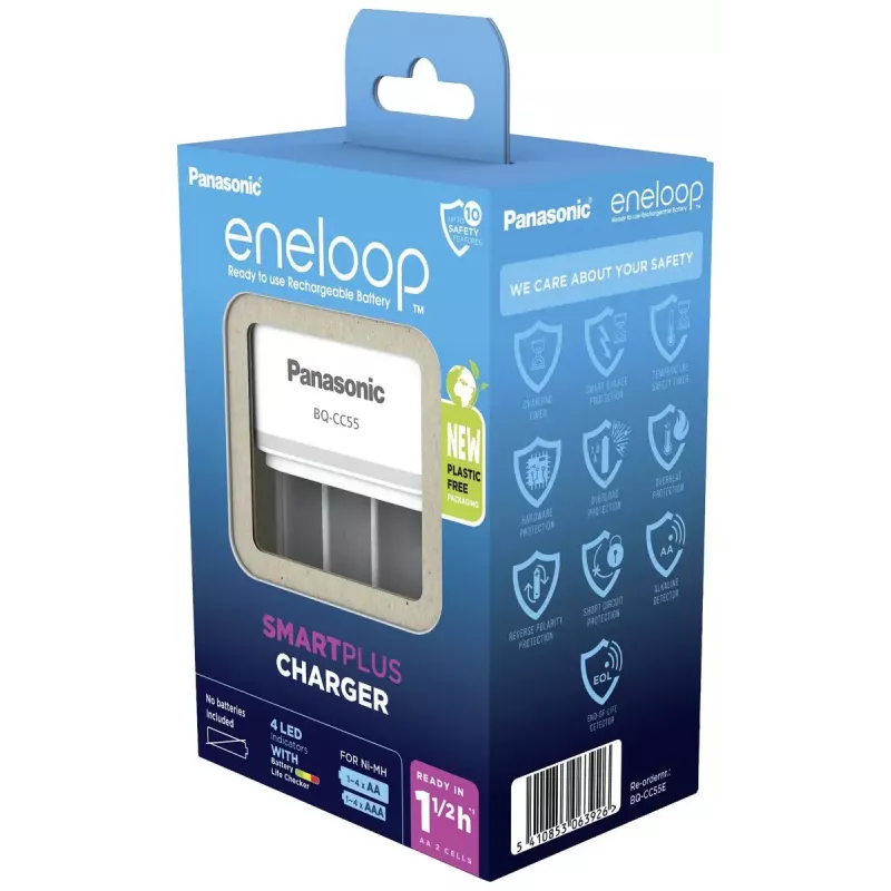 Carregador de pilhas Panasonic BQ-CC55E — carregador compacto NiMH/NiCd para pilhas AA/AAA
