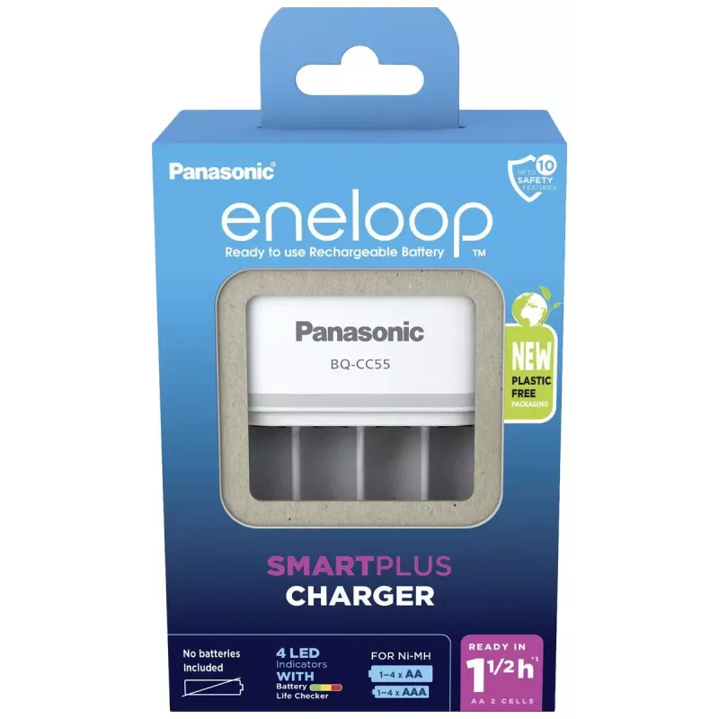 Carregador de pilhas Panasonic BQ-CC55E — carregador compacto NiMH/NiCd para pilhas AA/AAA