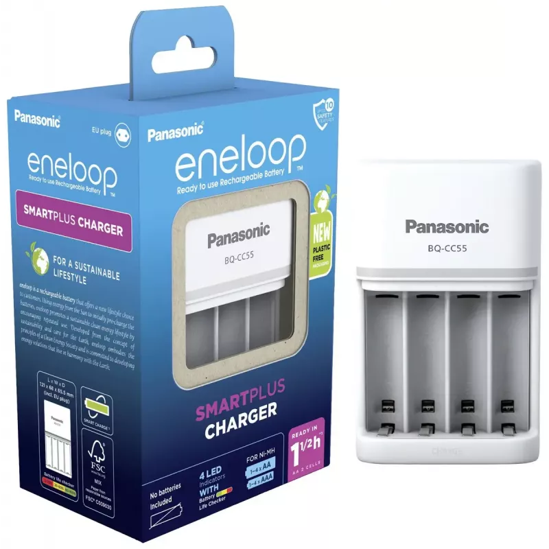 Carregador de pilhas Panasonic BQ-CC55E — carregador compacto NiMH/NiCd para pilhas AA/AAA