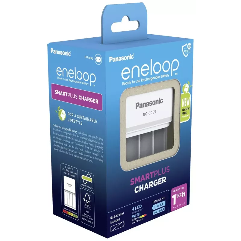 Carregador de pilhas Panasonic BQ-CC55E — carregador compacto NiMH/NiCd para pilhas AA/AAA