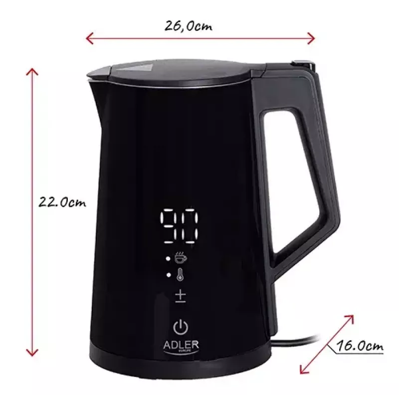 Chaleira elétrica Adler AD 1345b — capacidade de 1,7 l, 1850 W, aço inoxidável, preta