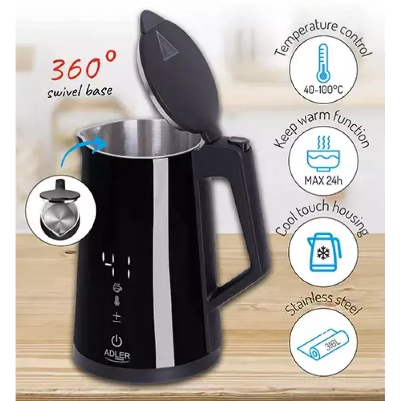 Chaleira elétrica Adler AD 1345b — capacidade de 1,7 l, 1850 W, aço inoxidável, preta