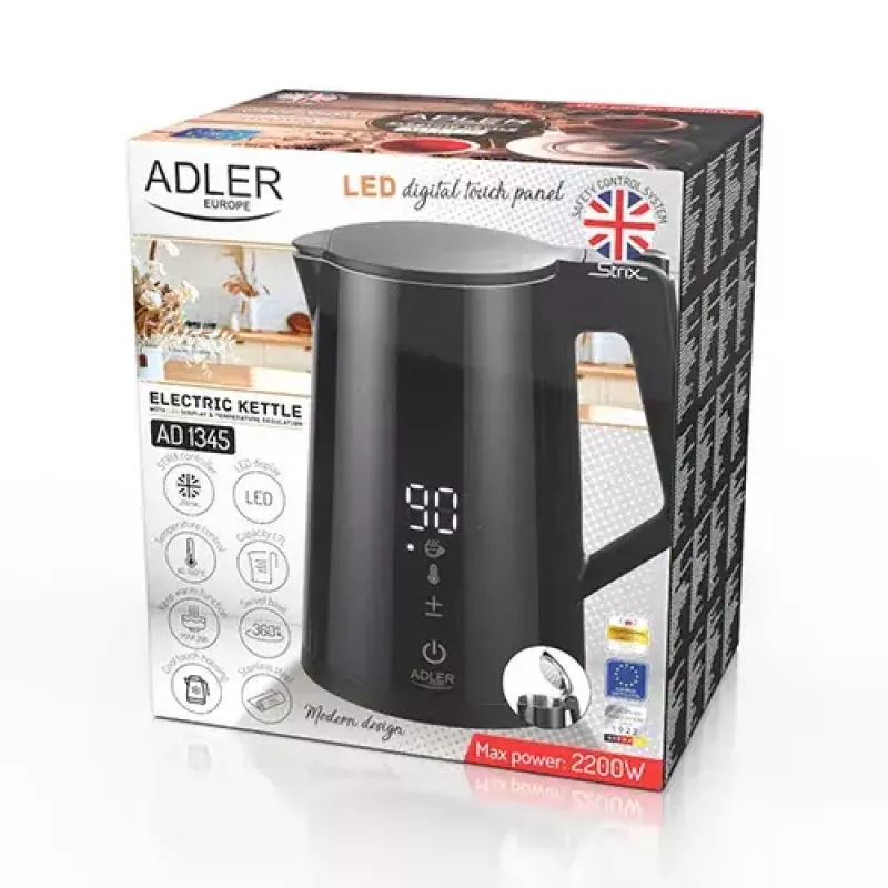 Chaleira elétrica Adler AD 1345b — capacidade de 1,7 l, 1850 W, aço inoxidável, preta
