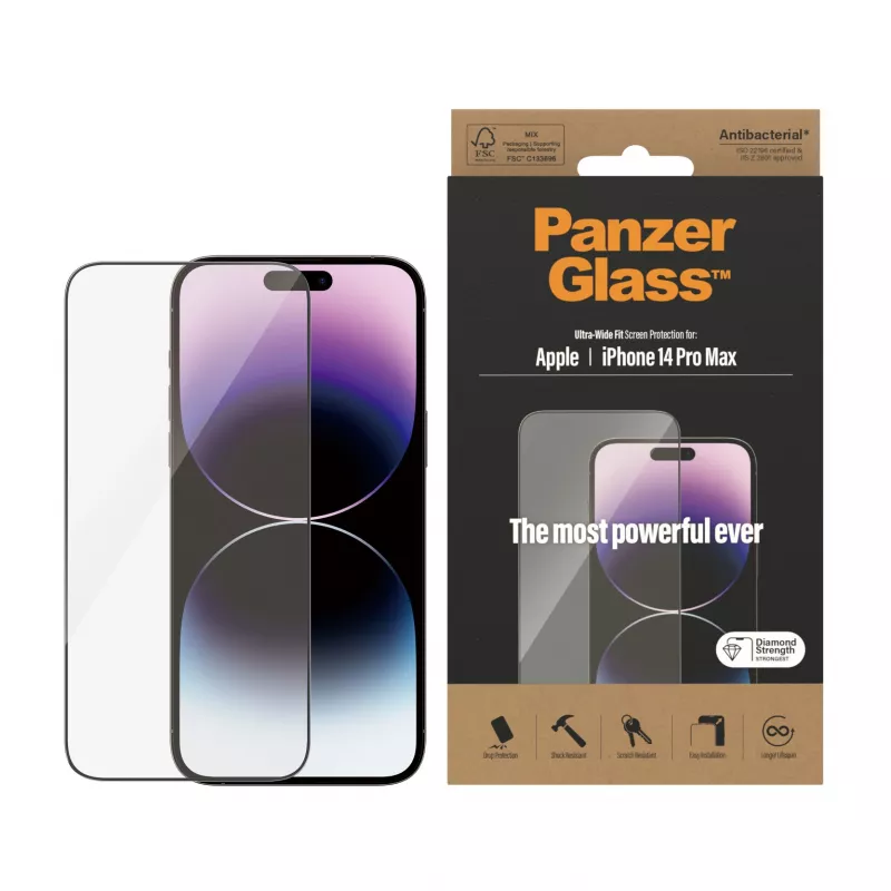 Proteção de ecrã PanzerGlass Apple iPhone 14 Pro Max Ultra-Wide Fit resistente a riscos e choques