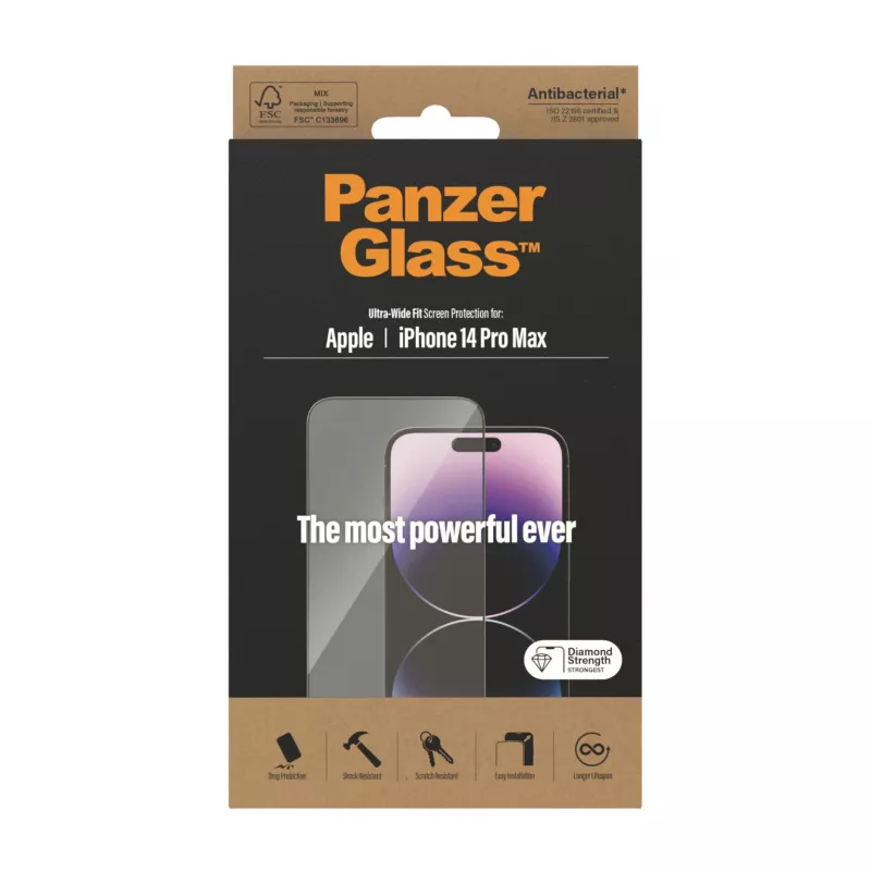 Proteção de ecrã PanzerGlass Apple iPhone 14 Pro Max Ultra-Wide Fit resistente a riscos e choques
