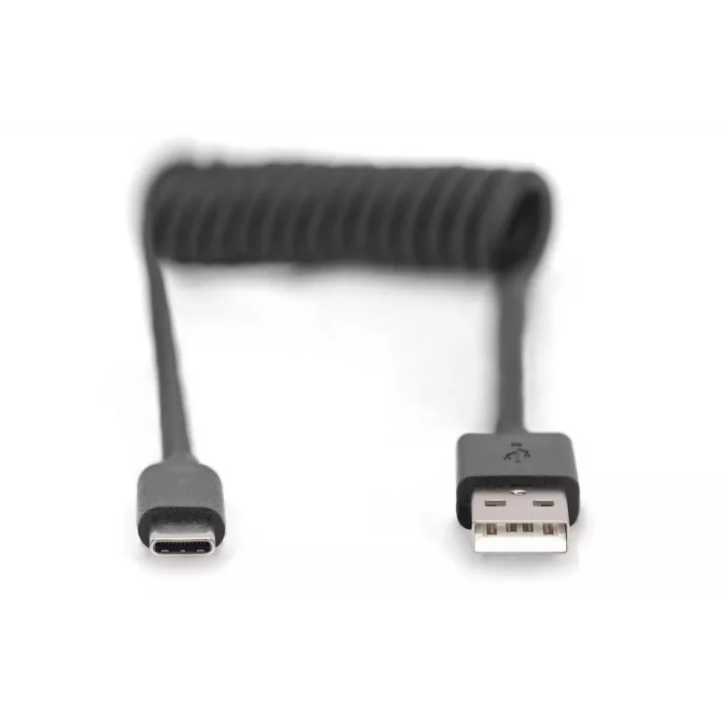 Digitus AK-300430-006-S cabo espiral USB 2.0 de USB-A para USB-C, 1 m, 480 Mbit/s, 60 W PD, preto