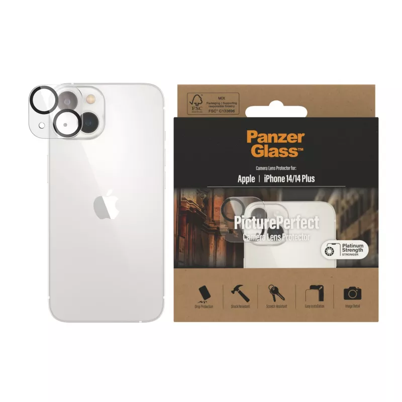 Película protetora para objetiva de câmara PanzerGlass PicturePerfect para Apple iPhone 14 / 14 Plus, vidro temperado transparente