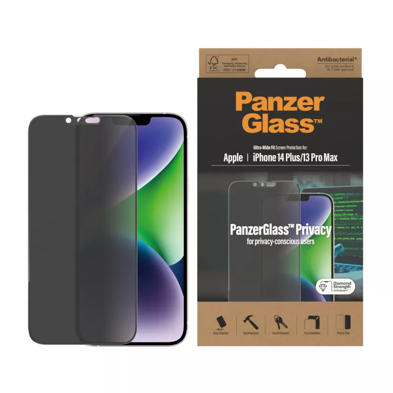 Película protetora de ecrã com proteção de privacidade PanzerGlass Apple iPhone 14 Plus 13 Pro Max resistente a riscos e impactos