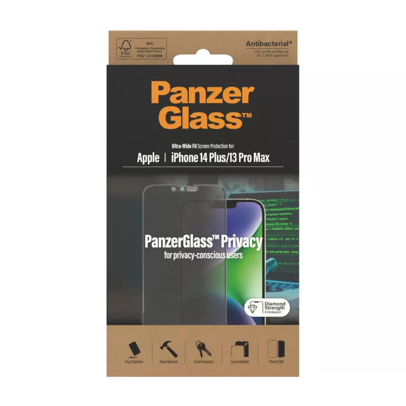 Película protetora de ecrã com proteção de privacidade PanzerGlass Apple iPhone 14 Plus 13 Pro Max resistente a riscos e impactos