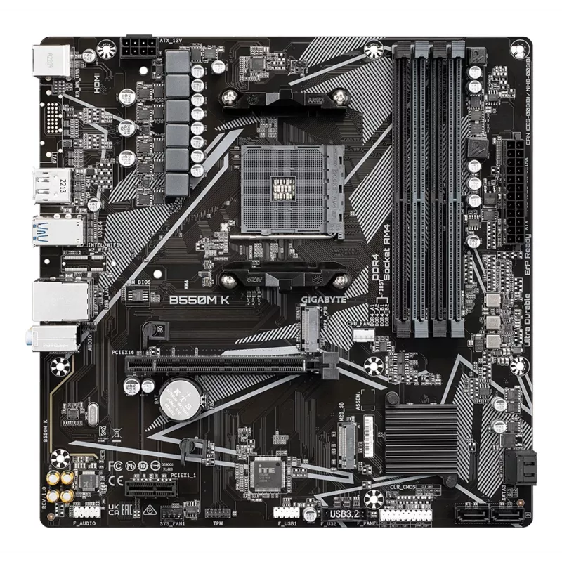 Placa-mãe GIGABYTE B550M K - CPUs AMD Ryzen 5000, até 4733MHz DDR4, 1xPCIe 4.0 + 1xPCIe 3.0 M.2, 1GbE LAN, USB 3.2 Gen 1