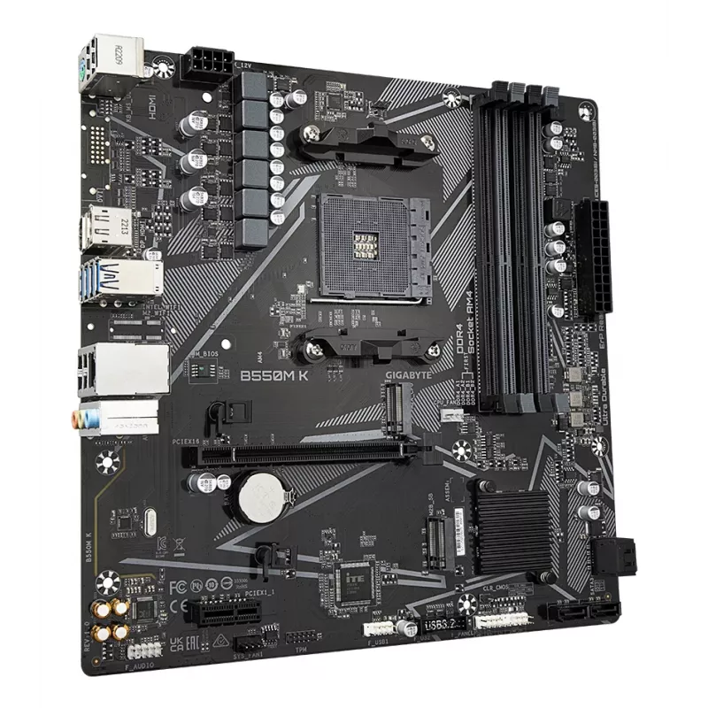 Placa-mãe GIGABYTE B550M K - CPUs AMD Ryzen 5000, até 4733MHz DDR4, 1xPCIe 4.0 + 1xPCIe 3.0 M.2, 1GbE LAN, USB 3.2 Gen 1