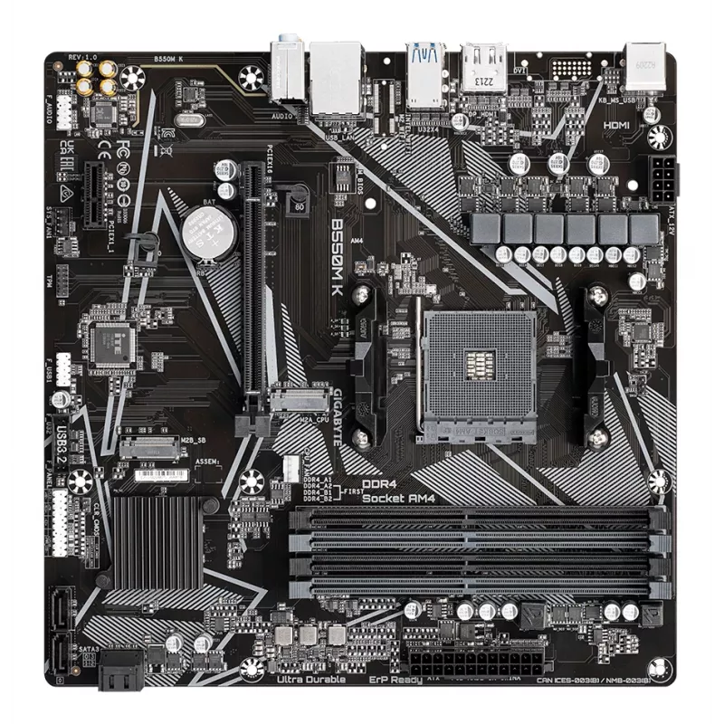 Placa-mãe GIGABYTE B550M K - CPUs AMD Ryzen 5000, até 4733MHz DDR4, 1xPCIe 4.0 + 1xPCIe 3.0 M.2, 1GbE LAN, USB 3.2 Gen 1