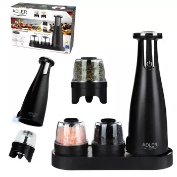 Conjunto de moinhos de sal e pimenta Adler AD 4449B — Aço inoxidável/Preto, capacidade de 150 ml, bateria de lítio, 80×80×263 mm