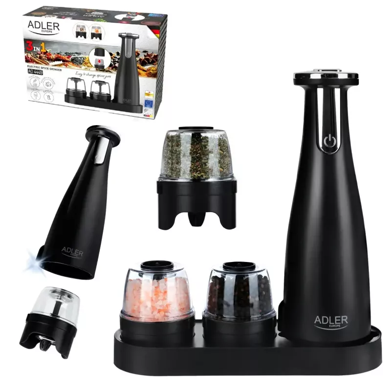 Adler AD 4449B conjunto de moinhos elétricos de sal e pimenta, 3 moinhos, mós de cerâmica, carregamento USB-C, bateria de lítio, 7 W, 150 ml, preto mate