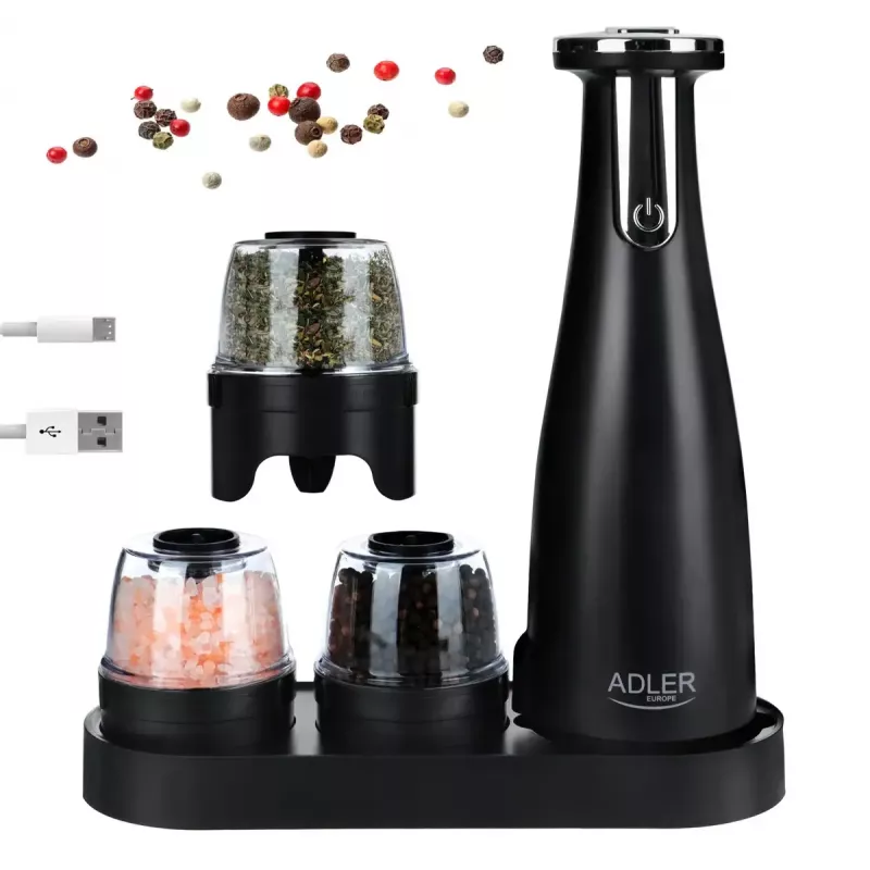 Adler AD 4449B conjunto de moinhos elétricos de sal e pimenta, 3 moinhos, mós de cerâmica, carregamento USB-C, bateria de lítio, 7 W, 150 ml, preto mate