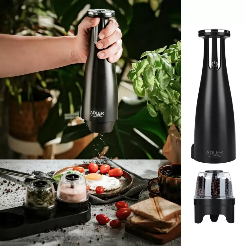 Adler AD 4449B conjunto de moinhos elétricos de sal e pimenta, 3 moinhos, mós de cerâmica, carregamento USB-C, bateria de lítio, 7 W, 150 ml, preto mate