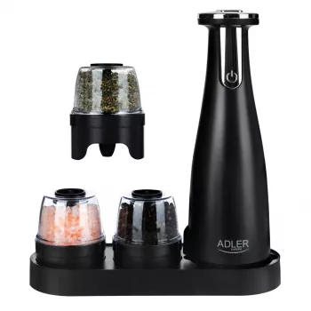 Conjunto de moinhos de sal e pimenta Adler AD 4449B — Aço inoxidável/Preto, capacidade de 150 ml, bateria de lítio, 80×80×263 mm