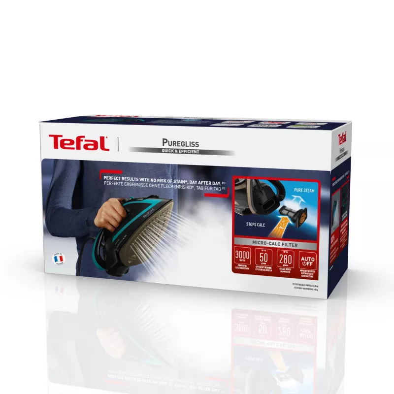 Ferro de engomar a vapor Tefal Puregliss FV8066 sola Durilium AirGlide Autoclean 3000 W Preto, Azul