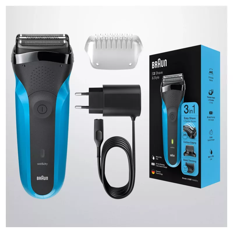 Máquina de barbear elétrica Braun Series 3 310BT – máquina de barbear com lâmina húmida e seca com acessórios de aparador de barba