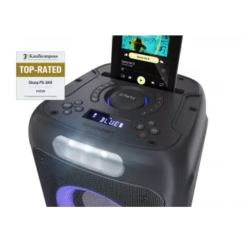 Altifalante de festa Sharp PS-949 — 2.1 canais, 132 W PMPO, woofer de 20,3 cm (8 polegadas), Bluetooth A2DP/AVRCP, com fios e sem fios, preto, caixa de plástico