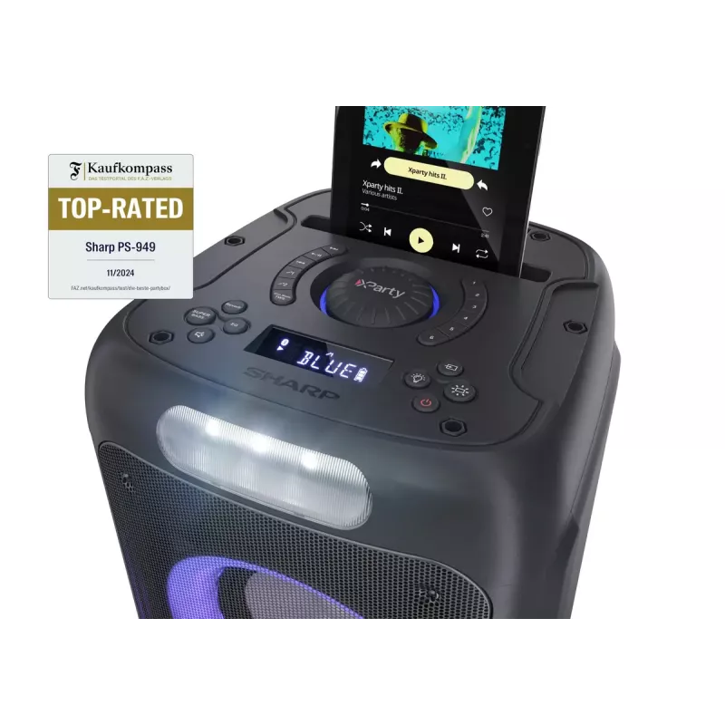 Sharp PS-949 XParty Street Beat coluna para festas, 132 W, Bluetooth 5.0, bateria integrada, 12 h de reprodução, IPX4, USB/AUX, espetáculo de luzes LED, preta