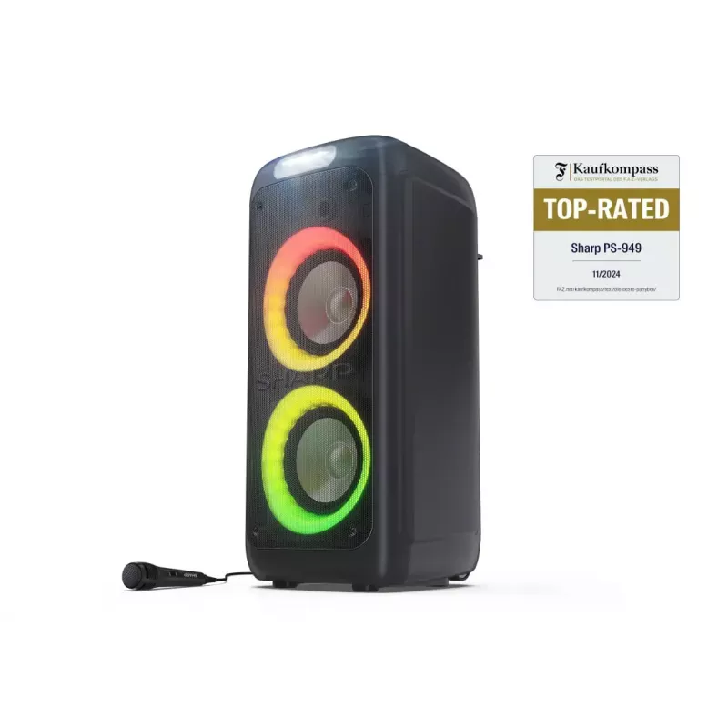 Sharp PS-949 XParty Street Beat coluna para festas, 132 W, Bluetooth 5.0, bateria integrada, 12 h de reprodução, IPX4, USB/AUX, espetáculo de luzes LED, preta