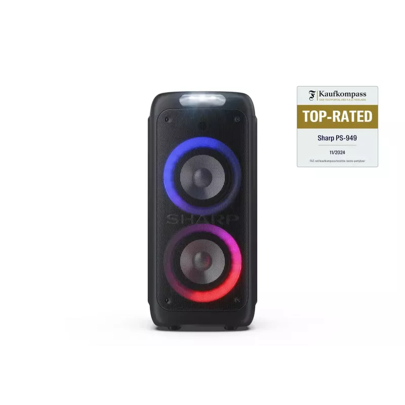 Sharp PS-949 XParty Street Beat coluna para festas, 132 W, Bluetooth 5.0, bateria integrada, 12 h de reprodução, IPX4, USB/AUX, espetáculo de luzes LED, preta