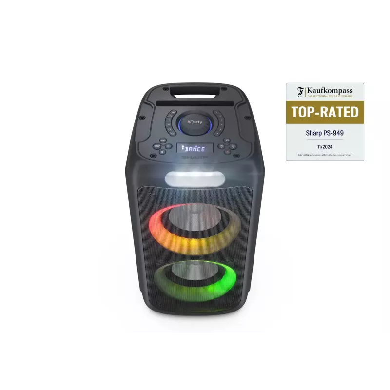 Sharp PS-949 XParty Street Beat coluna para festas, 132 W, Bluetooth 5.0, bateria integrada, 12 h de reprodução, IPX4, USB/AUX, espetáculo de luzes LED, preta