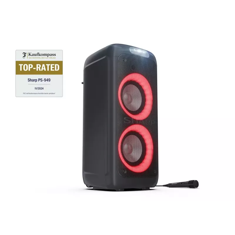Sharp PS-949 XParty Street Beat coluna para festas, 132 W, Bluetooth 5.0, bateria integrada, 12 h de reprodução, IPX4, USB/AUX, espetáculo de luzes LED, preta