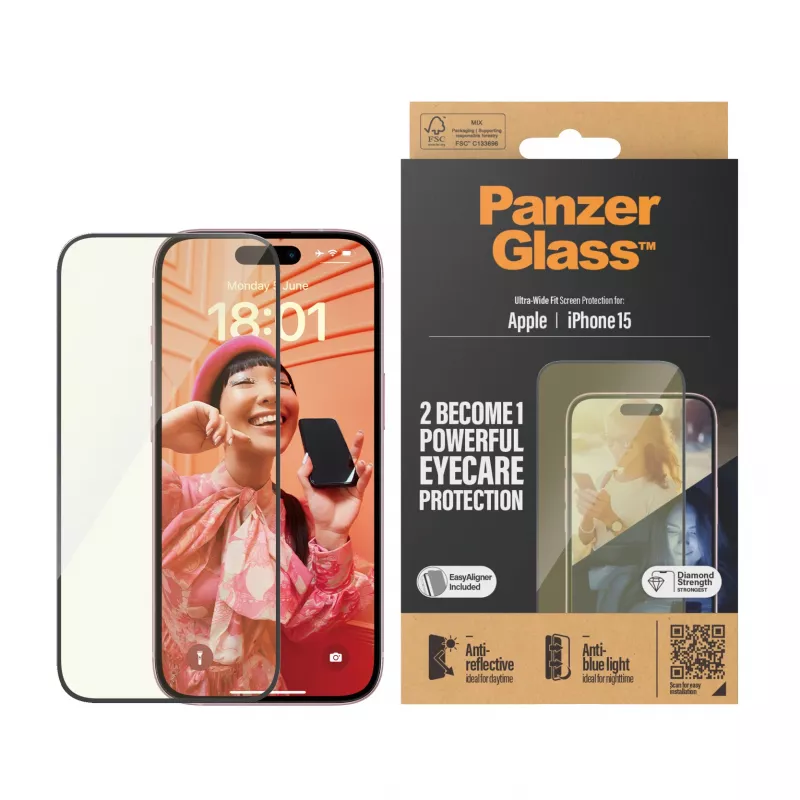PanzerGlass® EyeCARE™ proteção de ecrã iPhone 15 | Ultra-Wide Fit com EasyAligner