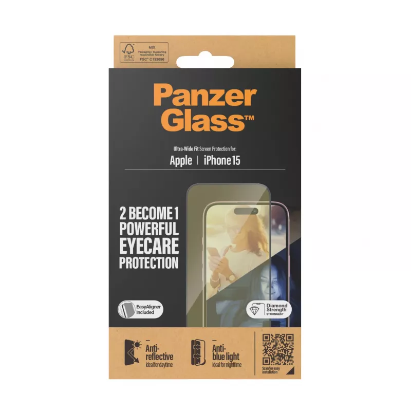PanzerGlass® EyeCARE™ proteção de ecrã iPhone 15 | Ultra-Wide Fit com EasyAligner
