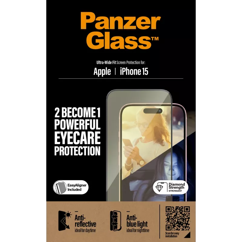 PanzerGlass® EyeCARE™ proteção de ecrã iPhone 15 | Ultra-Wide Fit com EasyAligner