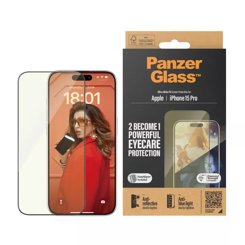 PanzerGlass ® EyeCARE™ proteção de ecrã iPhone 15 Pro | Ultra-Wide Fit com EasyAligner