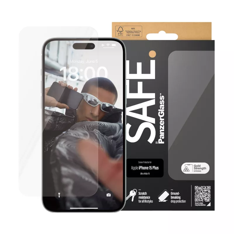PanzerGlass SAFE. by ® Película de proteção de ecrã iPhone 15 Plus | Ultra-Wide Fit