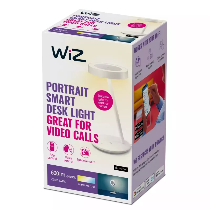 WiZ Portrait Desk Lamp candeeiro de secretária inteligente Wi-Fi, 600 lm, 2700-6500 K, regulável, brilho automático, 5 V