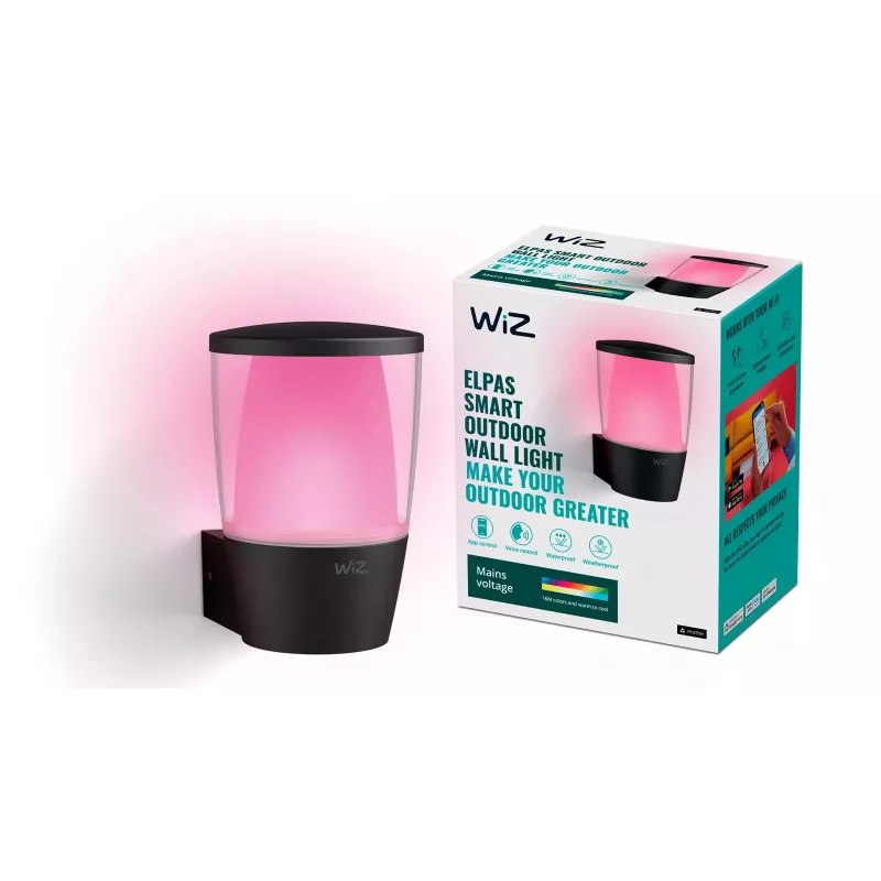 WiZ Elpas aplique de exterior inteligente Wi-Fi, 8,5 W, 950 lm, Tunable White & Color 2700-5000 K, IP44, regulável, preto