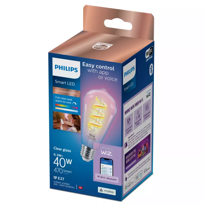 Philips Filament Clear 40 W ST64 E27, Lâmpada inteligente, Wi-Fi/Bluetooth, Transparente, Wi-Fi 4 (802.11n), 802.11b, 802.11g, LED, E27