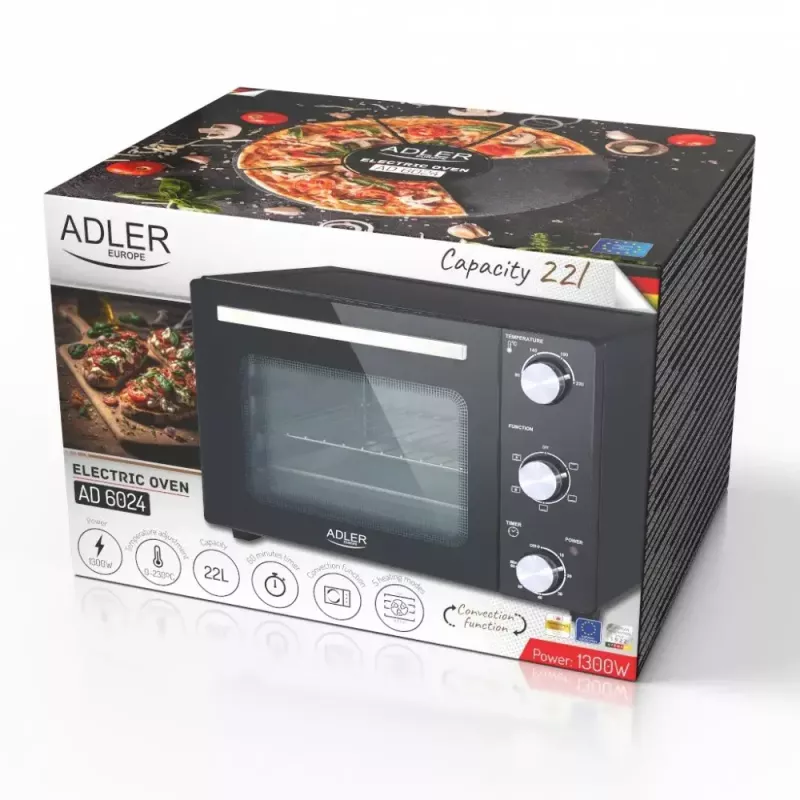 Forno de mesa elétrico Adler AD 6024 — compacto, capacidade de 22 l, 1300 W, preto