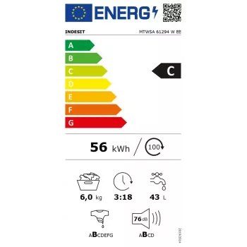 Máquina de lavar roupa de carregamento frontal INDESIT MTWSA 61294 W EE, 6 kg, motor inverter, classe de eficiência energética C