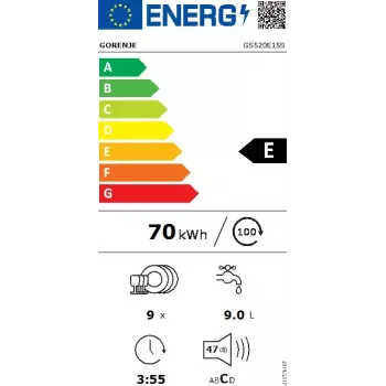 Máquina de lavar loiça de instalação livre Gorenje GS520E15S, estreita 45 cm, 9 conjuntos de louça, 47 dB, cinzento