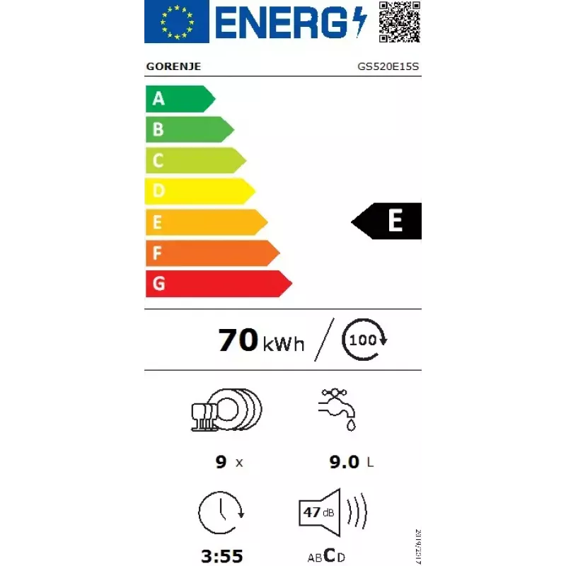 Máquina de lavar loiça de instalação livre Gorenje GS520E15S, estreita 45 cm, 9 conjuntos de louça, 47 dB, cinzento