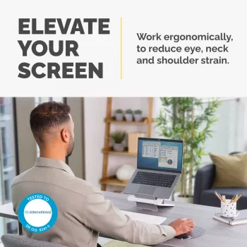 Suporte para portátil Fellowes para secretária - elevação para portátil ajustável Breyta para casa e escritório - suporte para portátil portátil com 12 níveis de altura - Tamanho máx. de portátil 14 polegadas, Peso máx. 4 kg - Branco