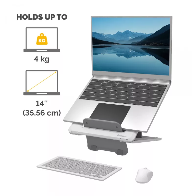 Suporte para portátil Fellowes para secretária - elevação para portátil ajustável Breyta para casa e escritório - suporte para portátil com 12 níveis de altura - Tamanho máx. de portátil 14 polegadas, Peso máx. 4 kg - Branco