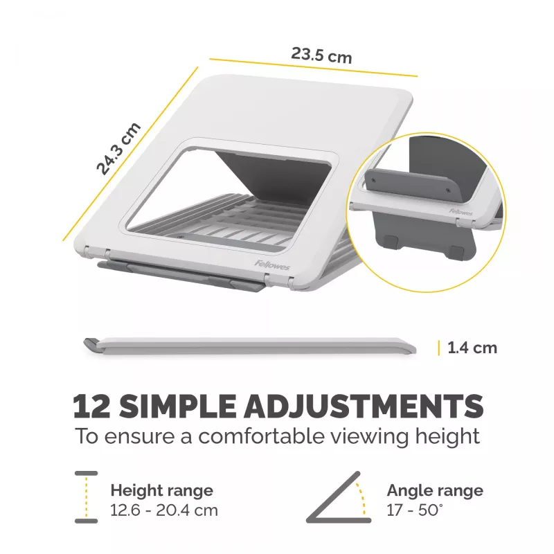 Suporte para portátil Fellowes para secretária - elevação para portátil ajustável Breyta para casa e escritório - suporte para portátil com 12 níveis de altura - Tamanho máx. de portátil 14 polegadas, Peso máx. 4 kg - Branco