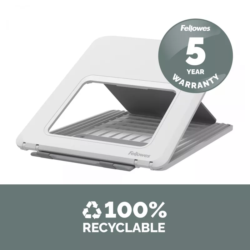Suporte para portátil Fellowes para secretária - elevação para portátil ajustável Breyta para casa e escritório - suporte para portátil com 12 níveis de altura - Tamanho máx. de portátil 14 polegadas, Peso máx. 4 kg - Branco